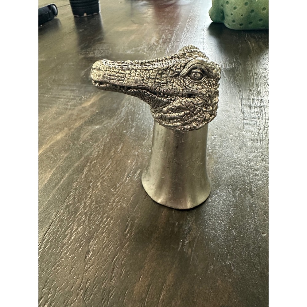 Vintage Pewter Alligator Head Stirrup Cup Jigger Shot Glass Gator Barware VGUC